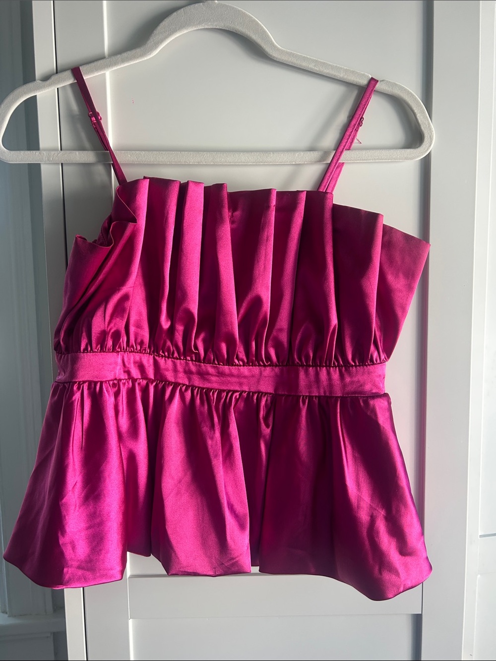Pink Pleated Satin Peplum Top